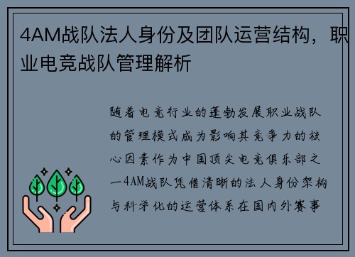 4AM战队法人身份及团队运营结构，职业电竞战队管理解析