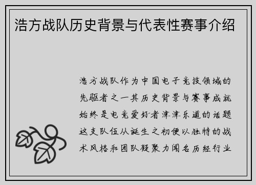 浩方战队历史背景与代表性赛事介绍