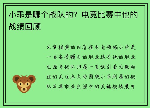 小乖是哪个战队的？电竞比赛中他的战绩回顾