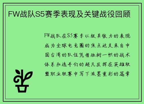 FW战队S5赛季表现及关键战役回顾