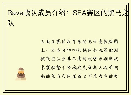 Rave战队成员介绍：SEA赛区的黑马之队